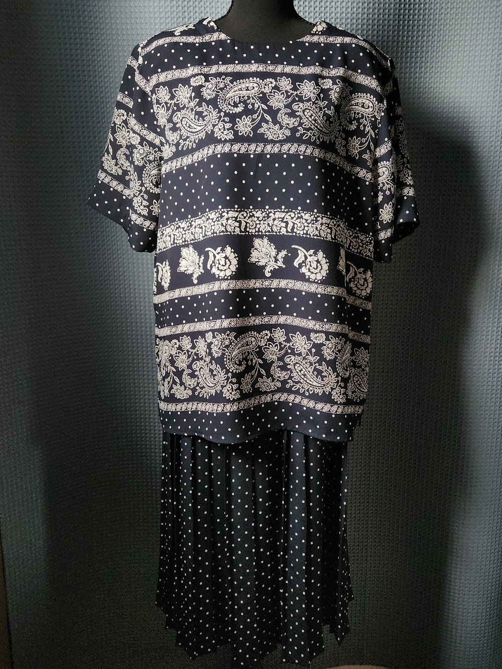 Vintage Alfred Dunner Navy Blue Two-Piece Polka Dot & Paisley Top And Skirt Set
